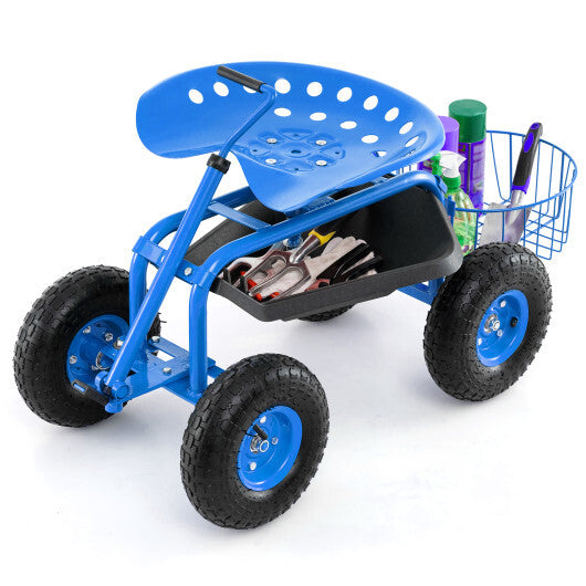Costway Extendable Handle Garden Cart Rolling Wagon Scooter-Blue - American Smart