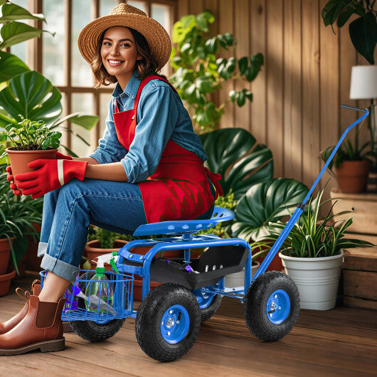 Costway Extendable Handle Garden Cart Rolling Wagon Scooter-Blue - American Smart