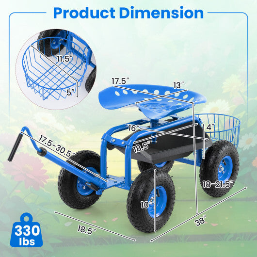 Costway Extendable Handle Garden Cart Rolling Wagon Scooter-Blue - American Smart