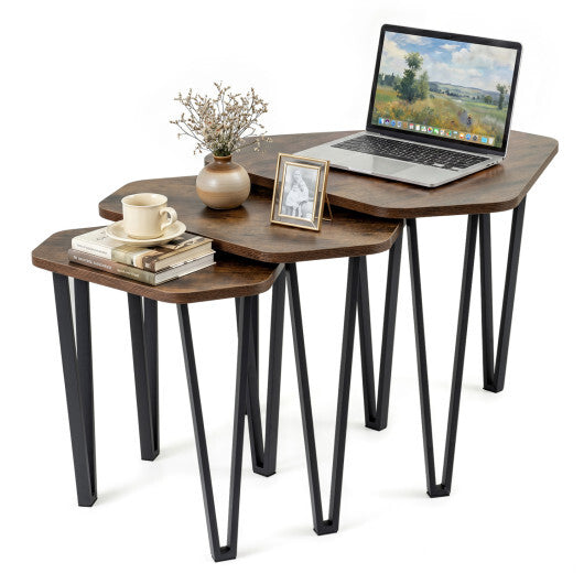 Set of 3 American Smart living room nesting coffee tables with engineered wood tops and metal frames in rustic brown finish.