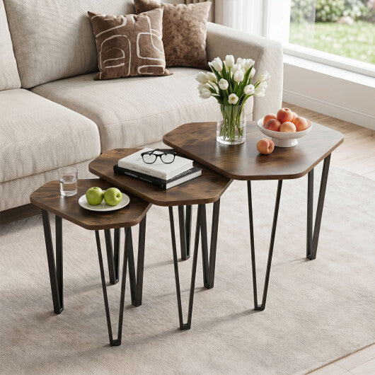 Set of 3 American Smart nesting coffee tables with engineered wood tops and metal frames, rustic brown finish for living room decor