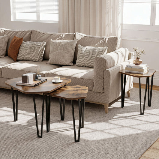 Set of 3 nesting coffee tables with engineered wood tops and metal frames, ideal for rustic brown living room decor.
