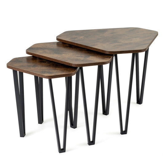 Set of 3 American Smart living room nesting coffee tables with rustic brown engineered wood tops and metal frames.