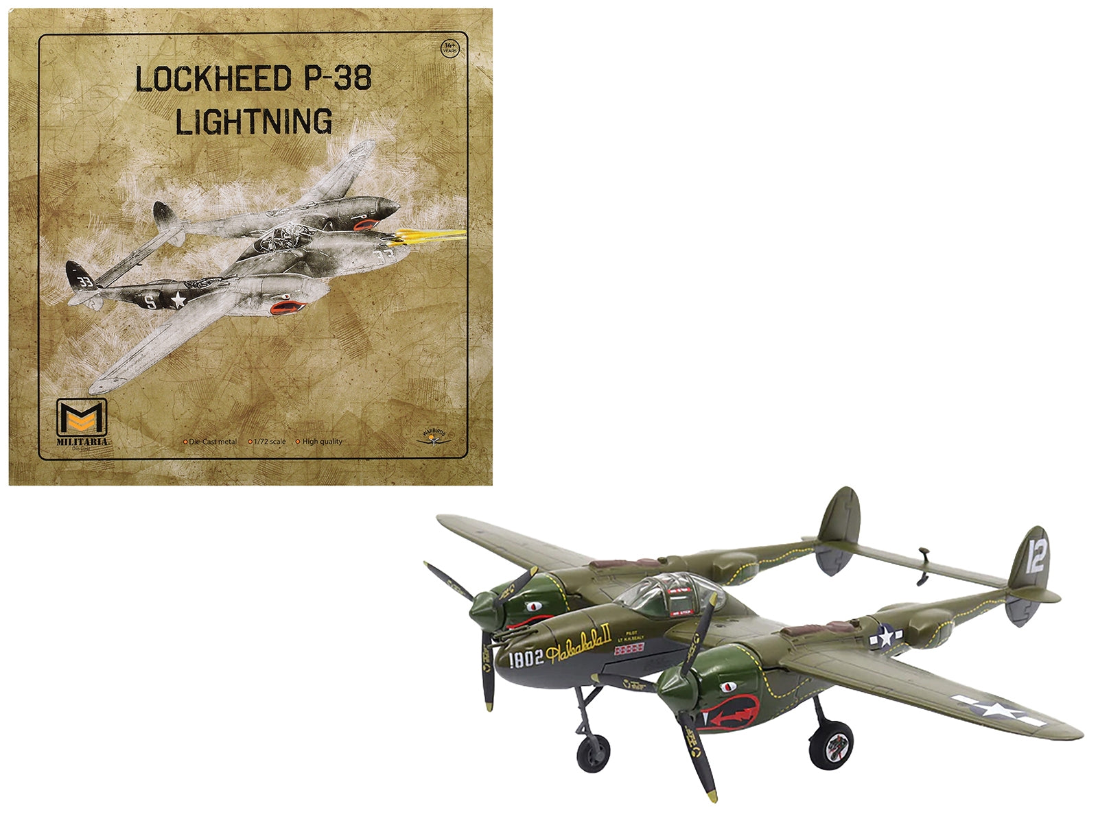 1/72 scale Lockheed P-38 Lightning fighter aircraft model by Militaria Die Cast, featuring Twin Dragons markings from 1944.