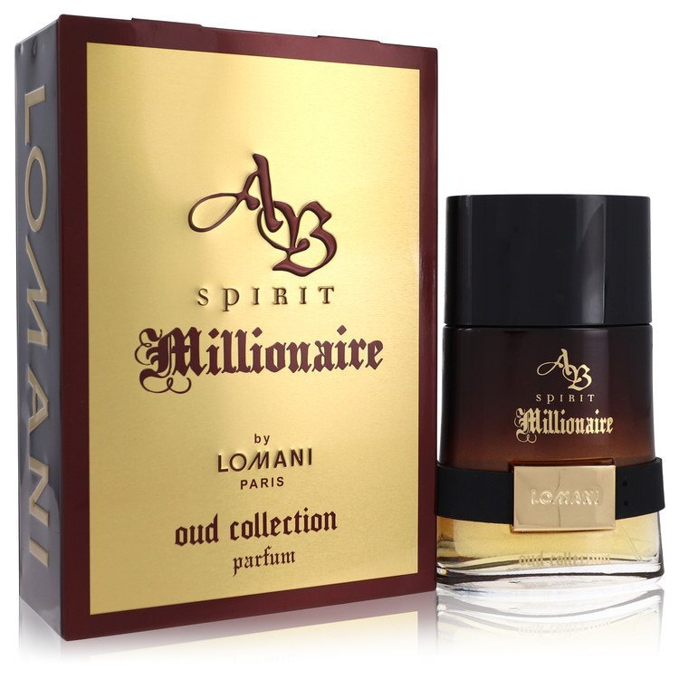 Lomani Spirit Millionaire Oud Collection Eau De Parfum spray for men, 3.3 oz, featuring a luxurious oud fragrance in a sleek bottle.