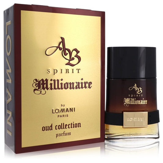 Lomani Spirit Millionaire Oud Collection Eau De Parfum spray for men, 3.3 oz, featuring a luxurious oud fragrance in a sleek bottle.
