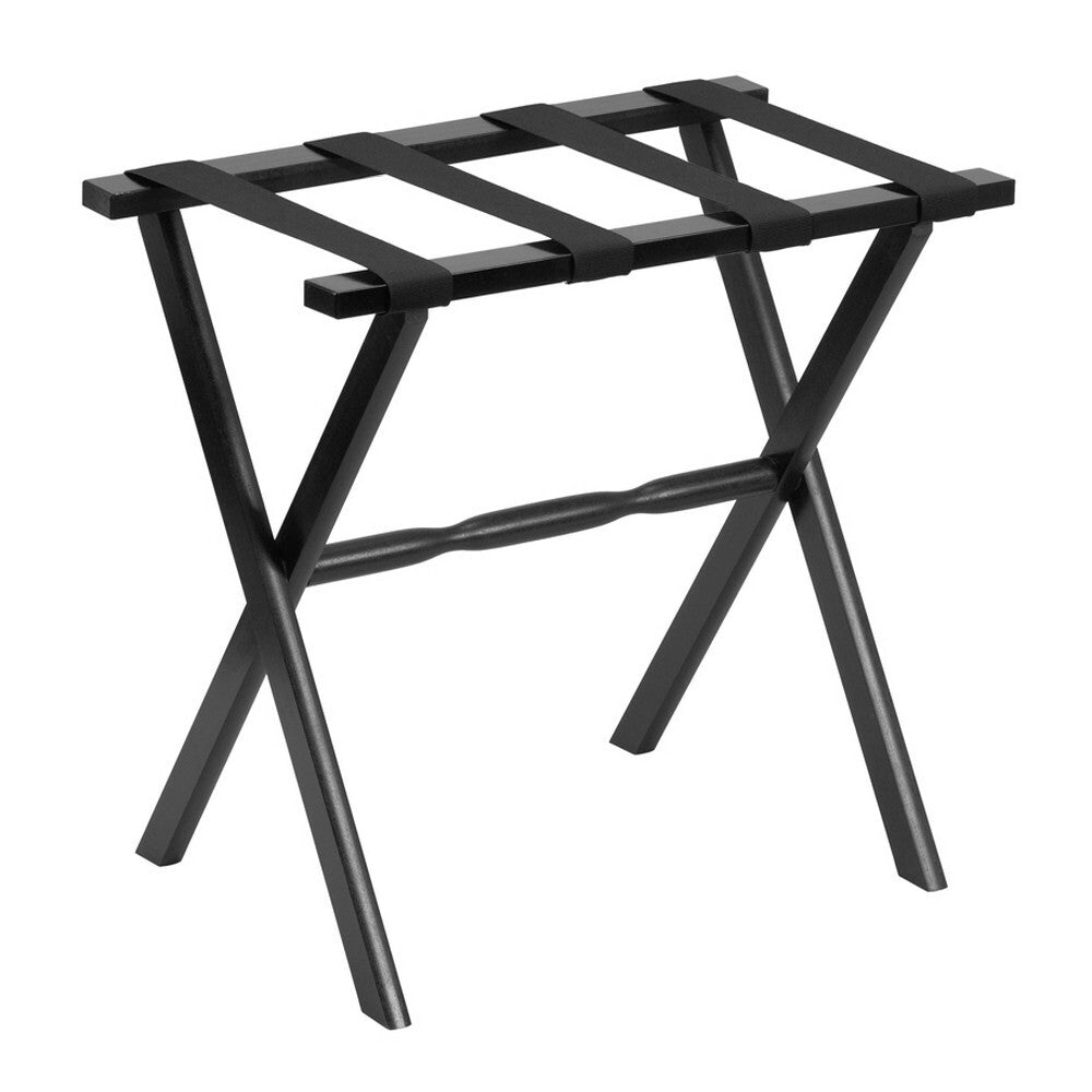 Black wood folding luggage rack with black straps, American Smart WB brand, designed for hotel use with sturdy construction.