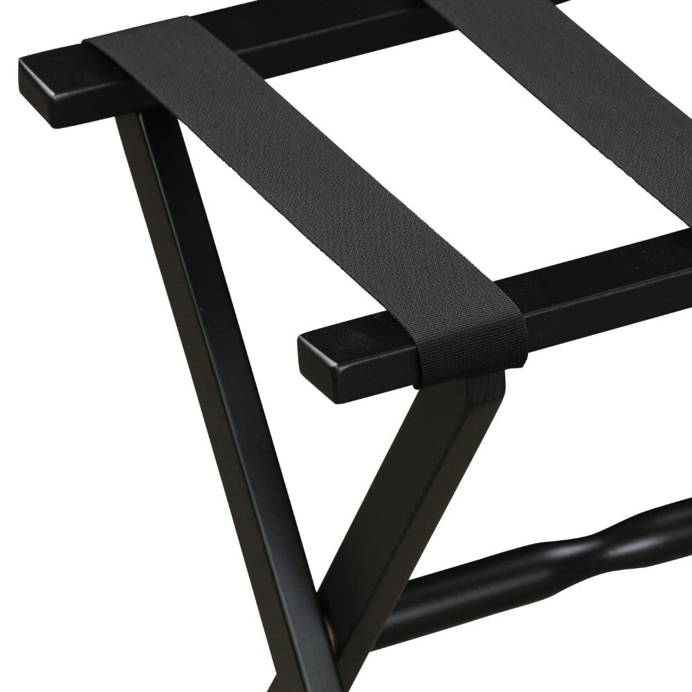 Black wood folding luggage rack with black straps, American Smart WB brand, designed for hotel use and easy to fold for storage.