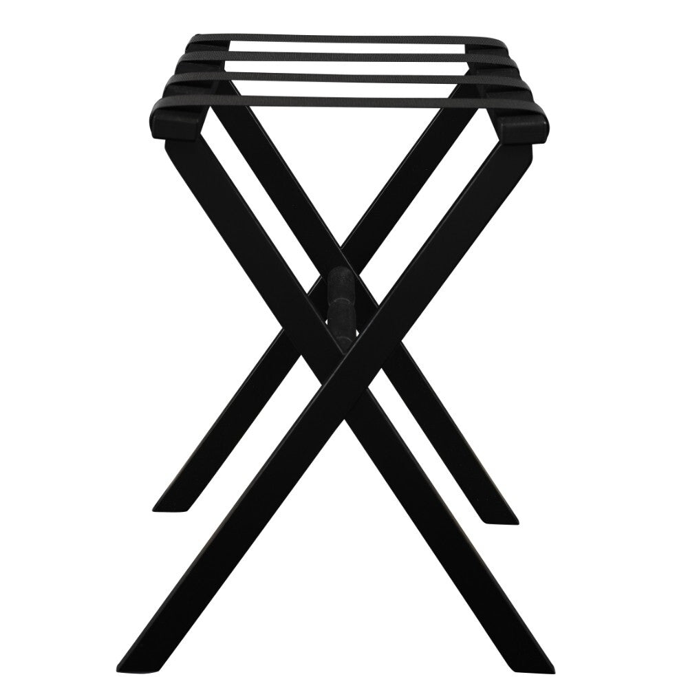 Black finish wood luggage rack with black straps, foldable design, by American Smart WB, ideal for hotel room convenience.