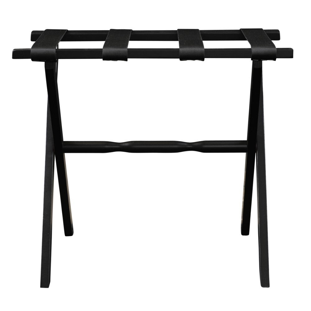 Black finish wood luggage rack with black straps and folding design, ideal for hotel room organization by American Smart WB.