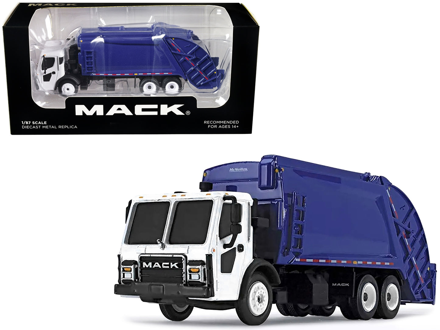 HO scale diecast Mack LR model with McNeilus rear load refuse body in blue and white by American Smart, detailed collectible truck.