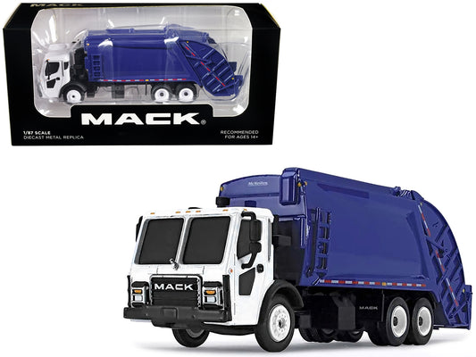 HO scale diecast Mack LR model with McNeilus rear load refuse body in blue and white by American Smart, detailed collectible truck.