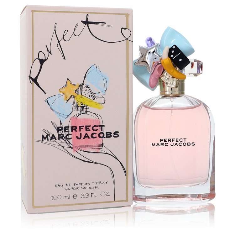 Marc Jacobs Perfect Eau De Parfum spray for women, 3.3 oz, with a sleek bottle design and elegant fragrance details.