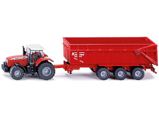 Red Massey Ferguson 8480 Dyna VT tractor and Krampe dump trailer diecast models in 1/87 scale, detailed American Smart WB brand collectibles.