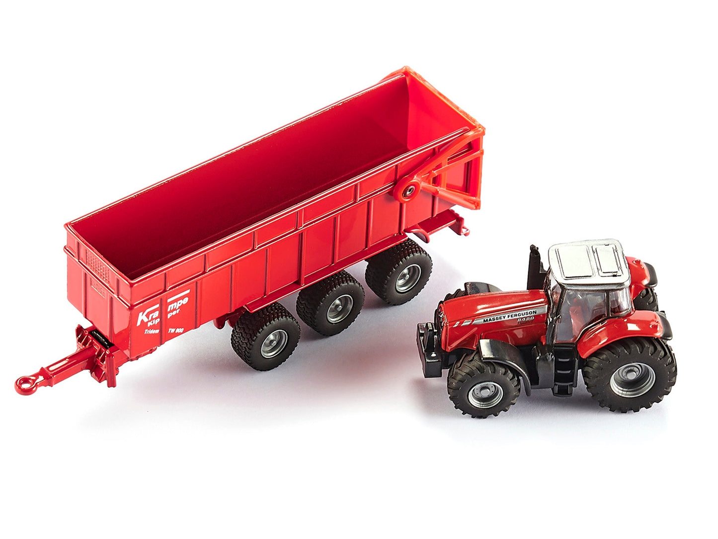 Red Massey Ferguson 8480 Dyna VT tractor with silver top and red Krampe dump trailer, detailed 1/87 diecast model by Siku