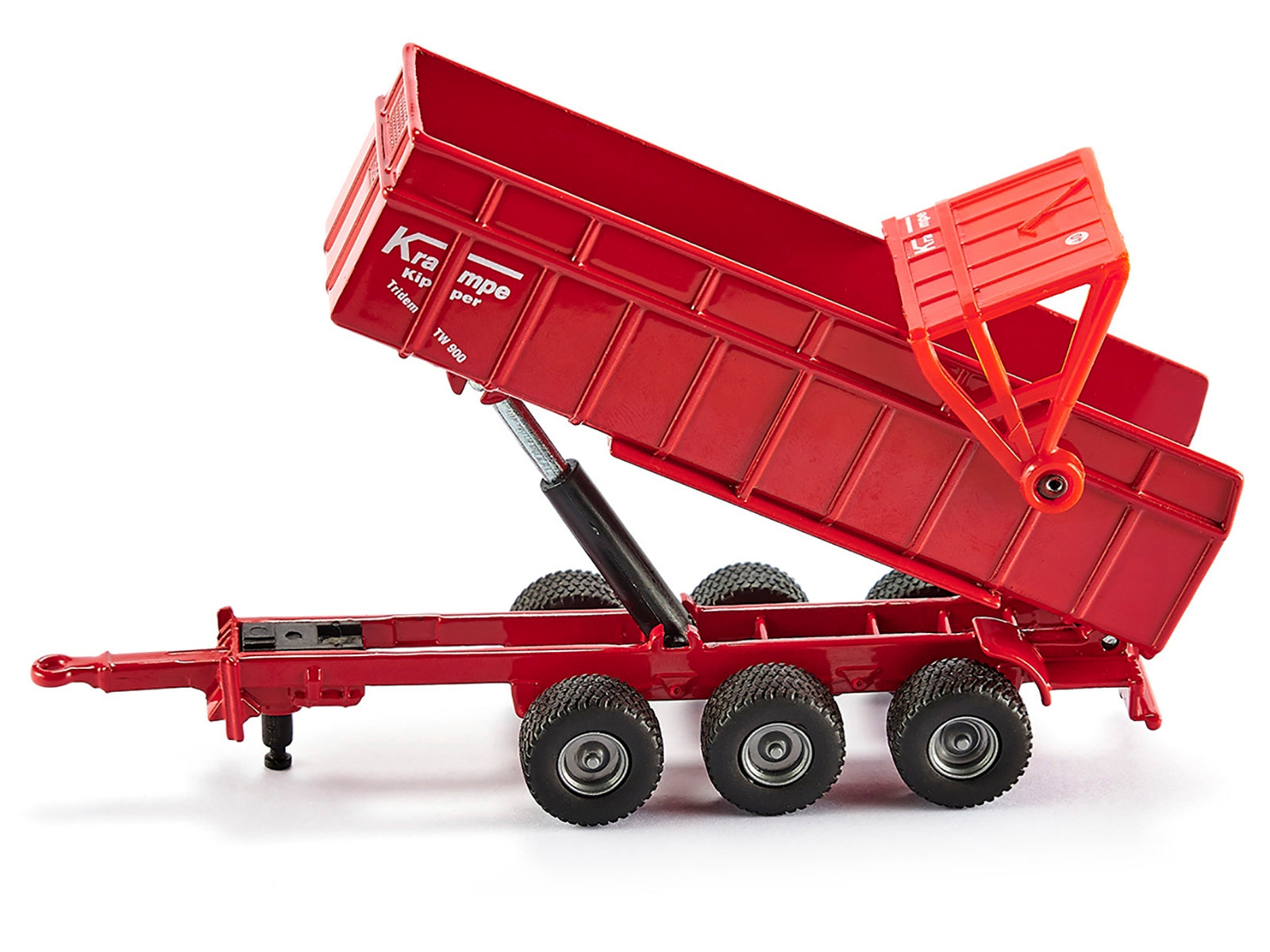 Red Massey Ferguson 8480 Dyna VT tractor with silver top and red Krampe dump trailer, 1/87 diecast model by Siku.