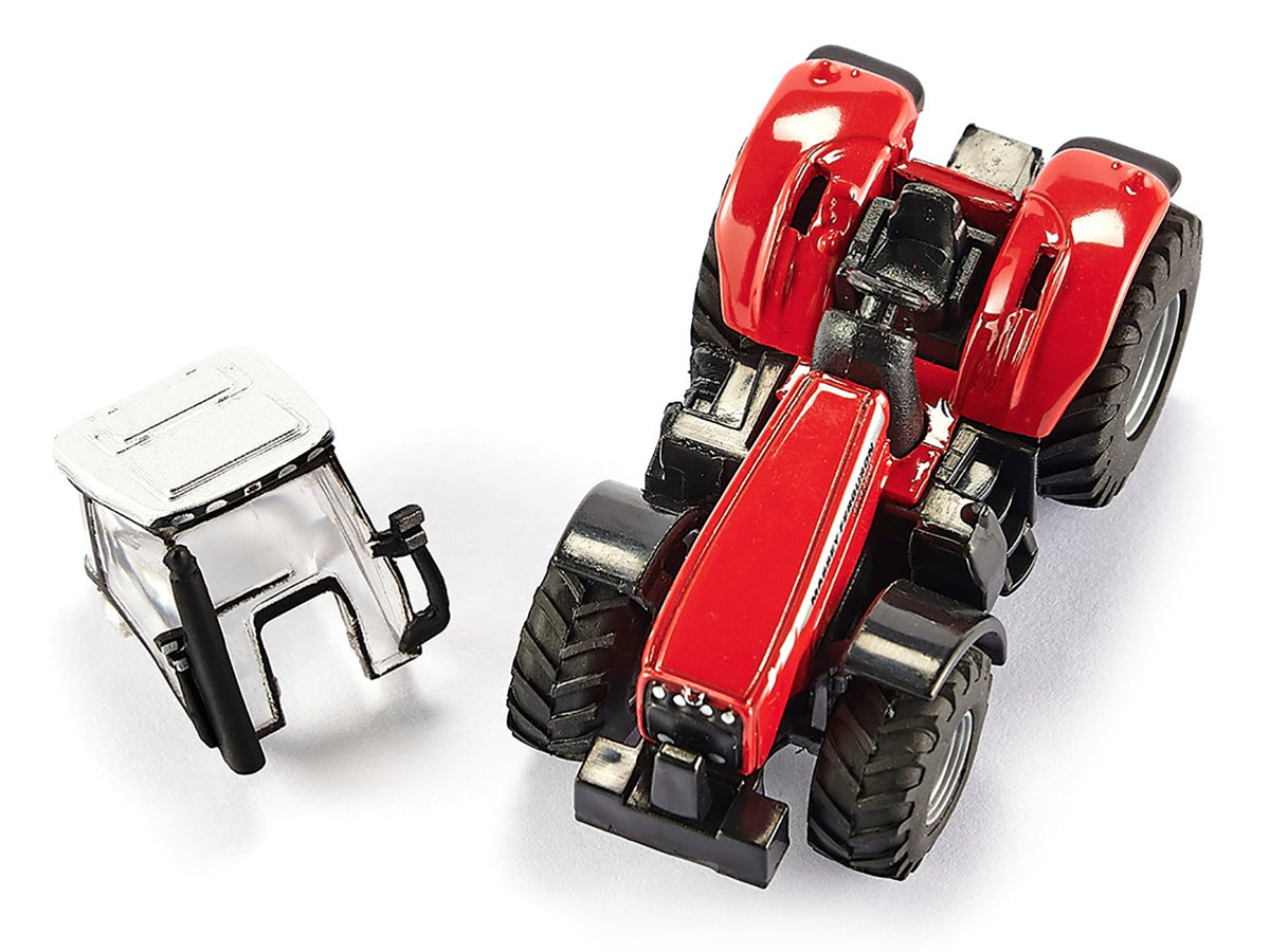 Red Massey Ferguson 8480 Dyna VT tractor and red Krampe dump trailer diecast models by Siku, detailed 1/87 scale.