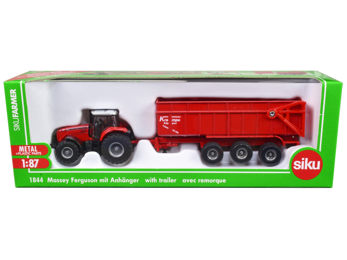 Red Massey Ferguson 8480 Dyna VT tractor and red Krampe dump trailer diecast models by Siku, detailed 1/87 scale.