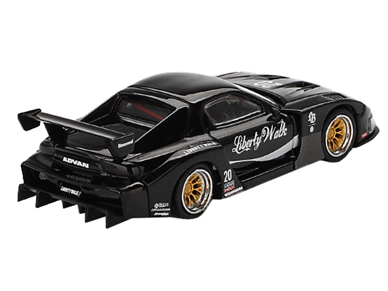 Black Mazda RX-7 LB-Super Silhouette #20 diecast model car by Mini GT, 1/64 scale, detailed miniature replica of Liberty Walk edition.