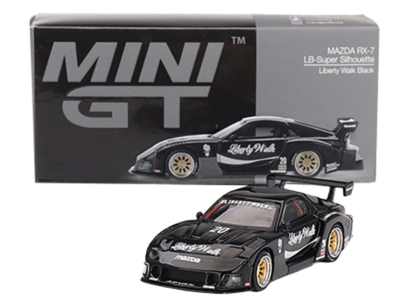 Black Mazda RX-7 LB-Super Silhouette #20 diecast model car by Mini GT, limited edition 1/64 scale, detailed Mazda models by American Smart.