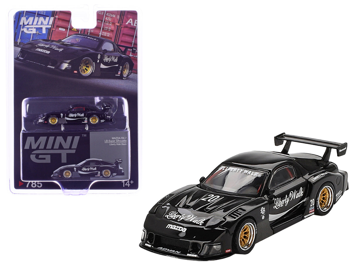 Mini GT Mazda RX-7 LB-Super Silhouette #20 diecast model car in black, featuring detailed design and branding from American Smart - WB.