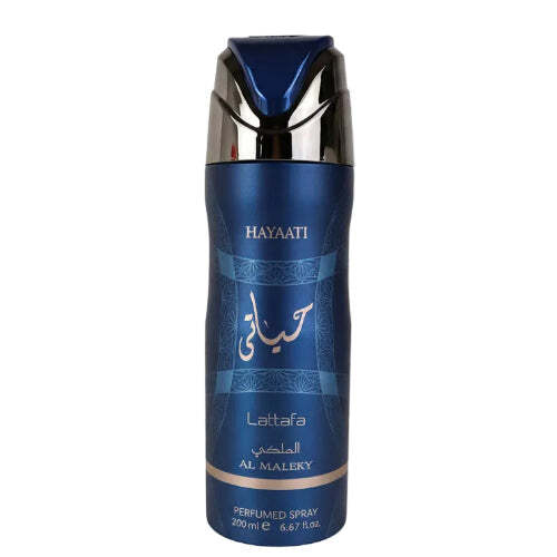Lattafa Hayaati Al Maleky men's deodorant spray in a sleek bottle, part of American Smart's bath and body collection.