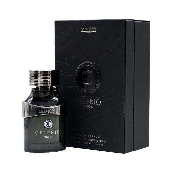 American Smart Dumont Celerio Oros men's cologne bottle with gold accents, elegant packaging, and fragrance details visible.
