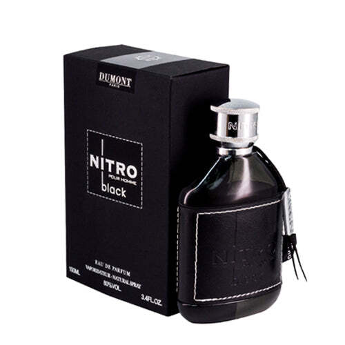 American Smart Dumont Nitro Black men's cologne bottle with black and silver design, showcasing the Eau De Parfum packaging.