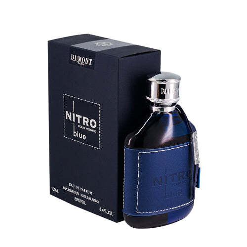 American Smart Dumont Nitro Blue men's cologne bottle with sleek design and blue accents, Eau De Parfum for men.