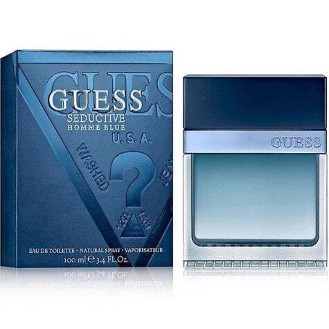 American Smart Guess Seductive Homme Blue men's cologne bottle with sleek design and blue accents.
