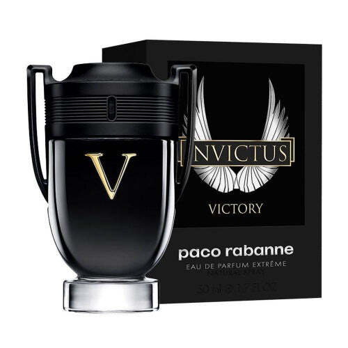 Invictus Victory Eau De Parfum Extreme men's cologne bottle with sleek design and bold branding.