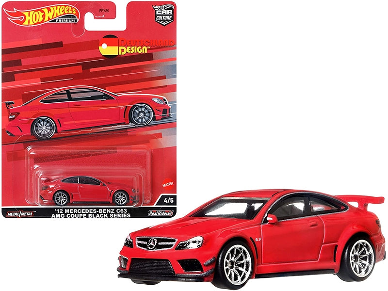 Black Mercedes Benz C63 AMG Coupe Diecast Model Car from Hot Wheels "Deutschland Design" Red Series, detailed model by American Smart.