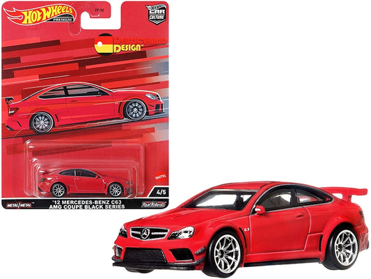 Black Mercedes Benz C63 AMG Coupe Diecast Model Car from Hot Wheels "Deutschland Design" Red Series, detailed model by American Smart.