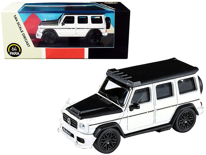 White Mercedes AMG G63 Liberty Walk wagon diecast model car with black hood and top, by American Smart, 1/64 scale.
