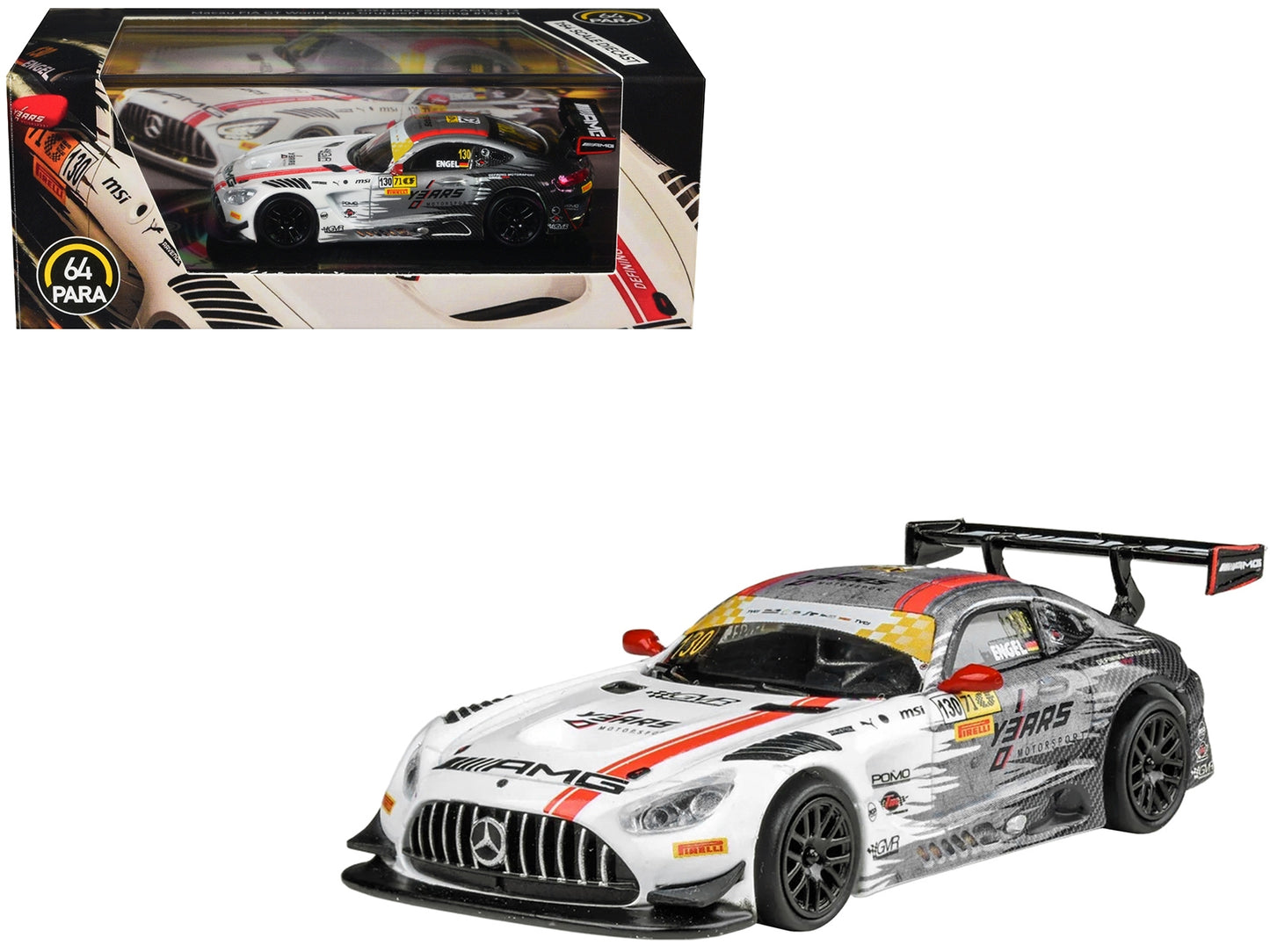 Miniature Mercedes-AMG GT3 #130 diecast model car by Paragon Models, featuring Maro Engel at Macau GT Cup FIA GT World Cup 2024.