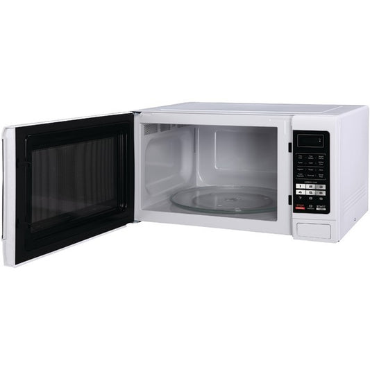 White Magic Chef MCM1611W 1.6 cu ft countertop microwave oven with digital control panel and handle.