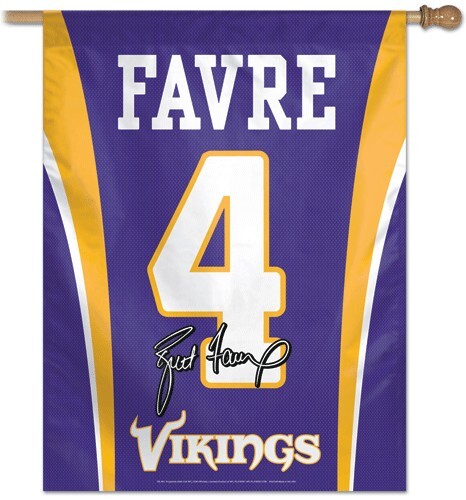 Vertical Minnesota Vikings banner featuring Brett Favre jersey design, measuring 27x37 inches, by American Smart WB.
