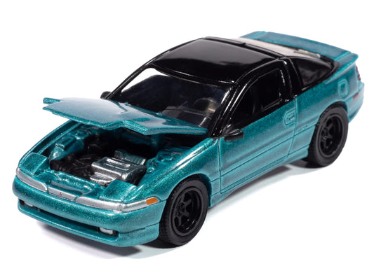 1991 Mitsubishi Eclipse GSX diecast model car in Tennessee Blue Metallic with black top, part of Auto World Import Legends series.