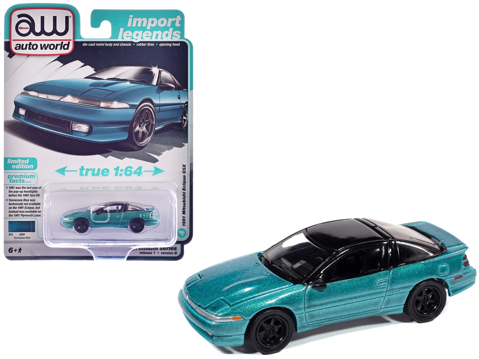 1991 Mitsubishi Eclipse GSX diecast model car in Tennessee Blue Metallic with black top, part of Auto World's Import Legends series.