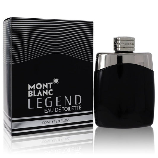 MontBlanc Legend men's Eau De Toilette spray bottle, 3.4 oz, with sleek packaging and brand logo visible.