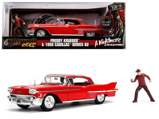 Red 1958 Cadillac Series 62 diecast model by Jada with Freddy Krueger figurine from "A Nightmare on Elm Street" movie.