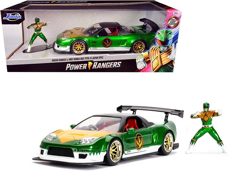Green Ranger diecast figurine from Power Rangers, displayed alongside a 2002 Honda NSX Type-R Japan RHD diecast model car by Jada.