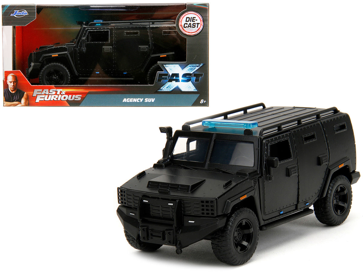 Black diecast model of the Agency SUV "Fast X" from the Fast & Furious series by Jada, detailed 1/32 scale car.