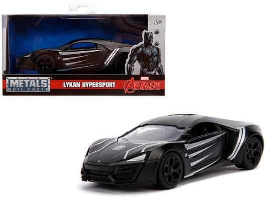 Matt black Lykan Hypersport diecast model car by Jada, Marvel Avengers "Black Panther" themed 1/32 scale, American Smart WB.