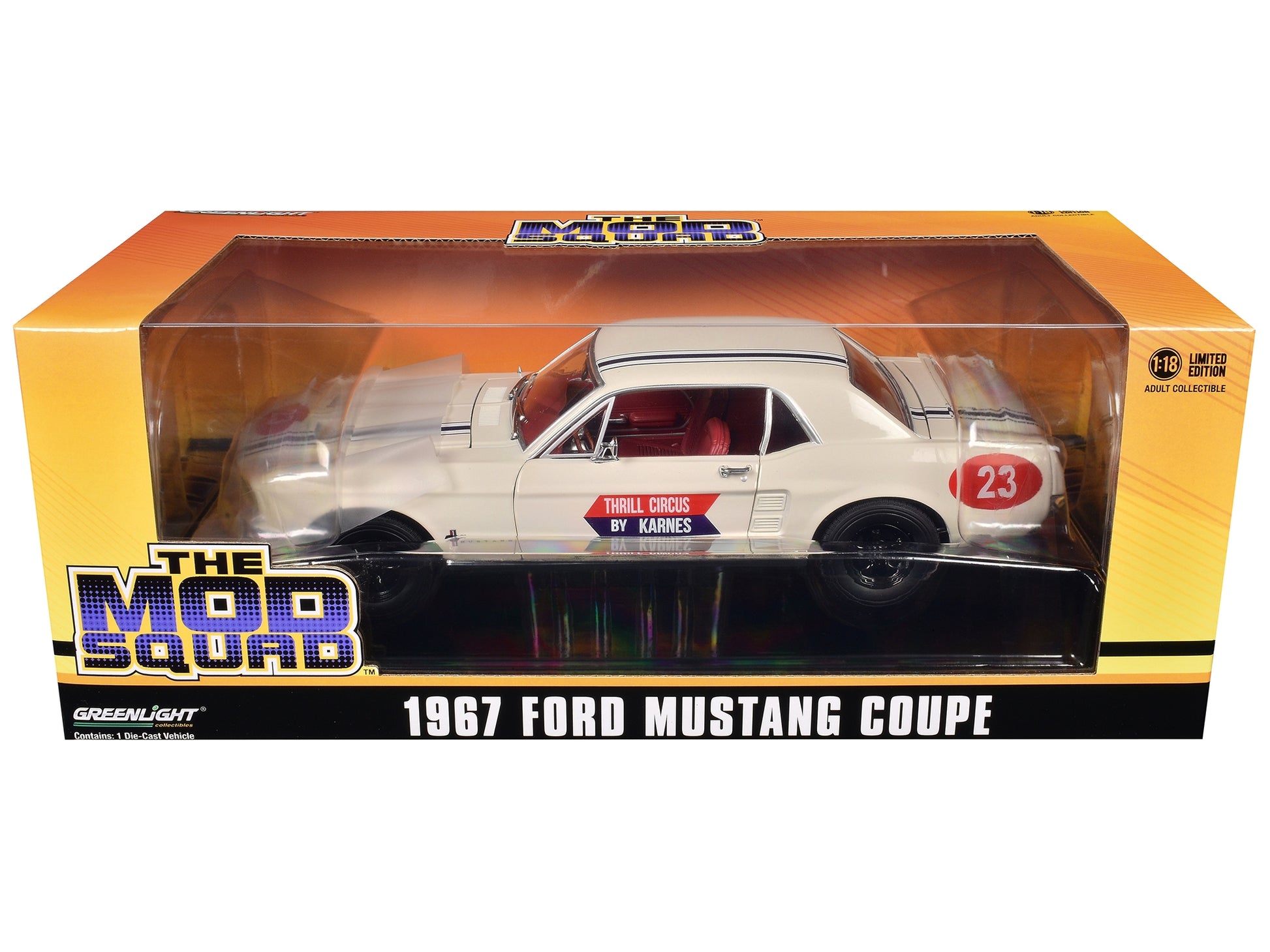 White 1/18 diecast model of 1967 Ford Mustang Coupe #23 "Thrill Circus" by Greenlight, detailed American Smart WB Mustang model