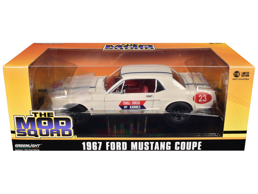 White 1/18 diecast model of 1967 Ford Mustang Coupe #23 "Thrill Circus" by Greenlight, detailed American Smart WB Mustang model
