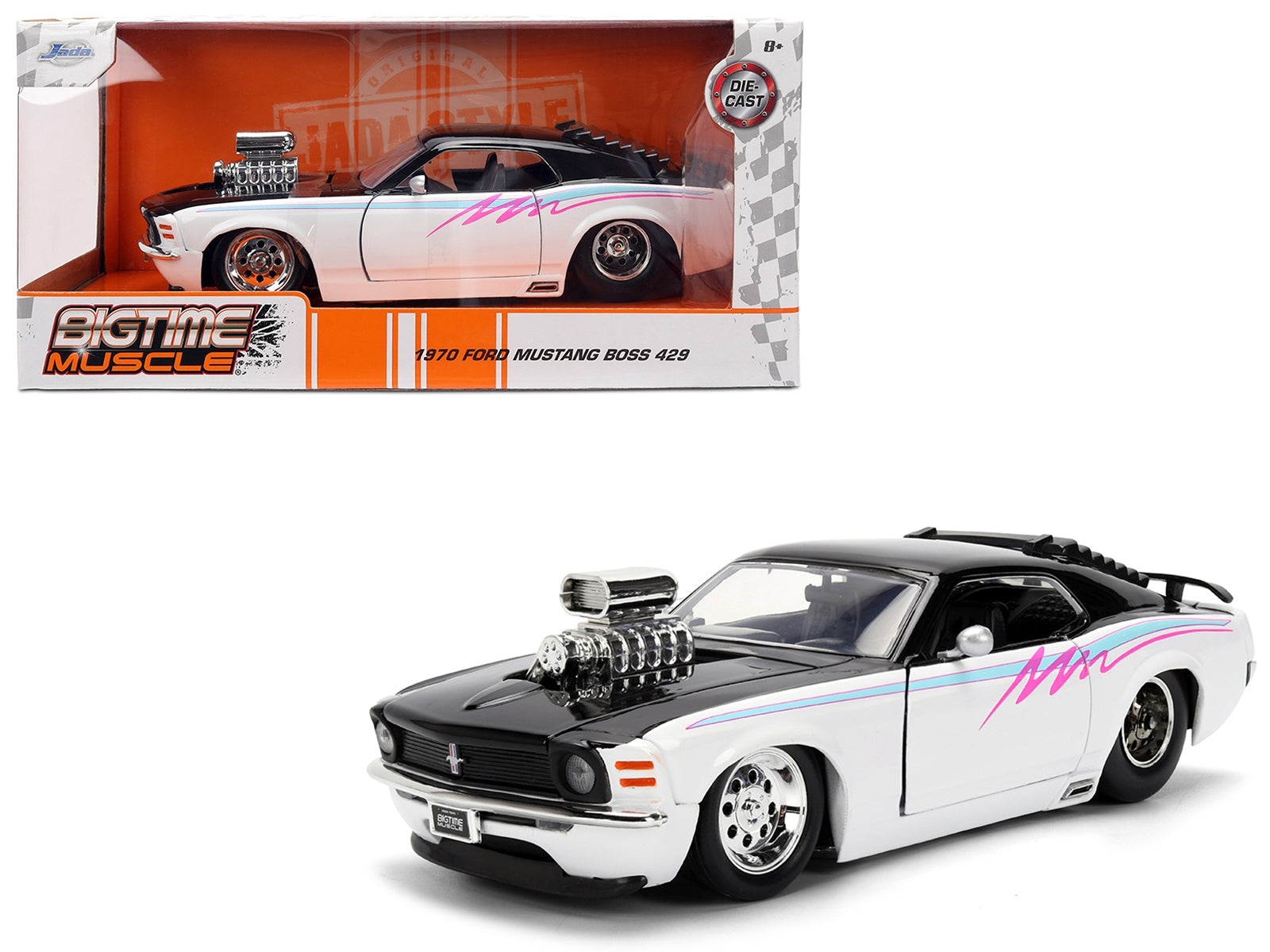 Black and white 1/24 diecast Ford Mustang Boss 429 model car with graphics from the Bigtime Muscle series by Jada.