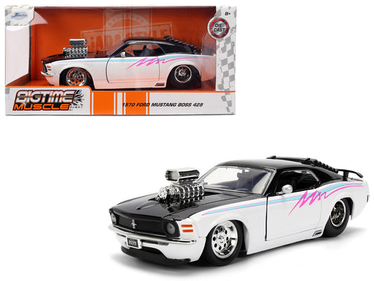 Black and white 1/24 diecast Ford Mustang Boss 429 model car with graphics from the Bigtime Muscle series by Jada.