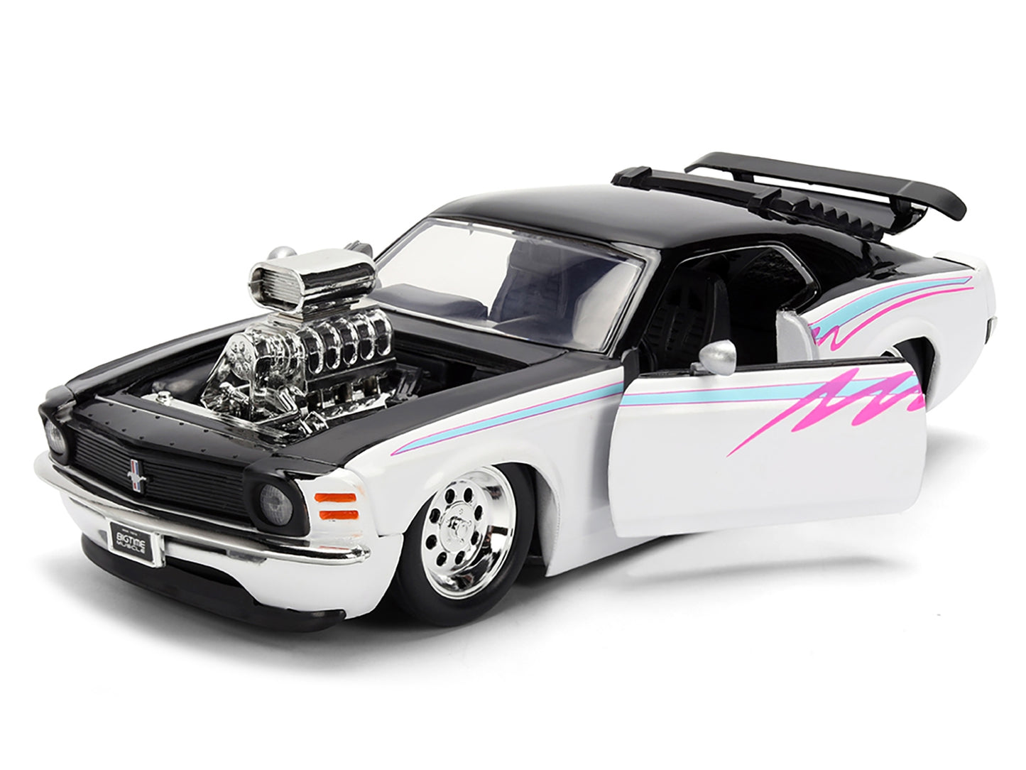 Black and white 1/24 scale Ford Mustang Boss 429 diecast model car with graphics from Jada's Bigtime Muscle series.