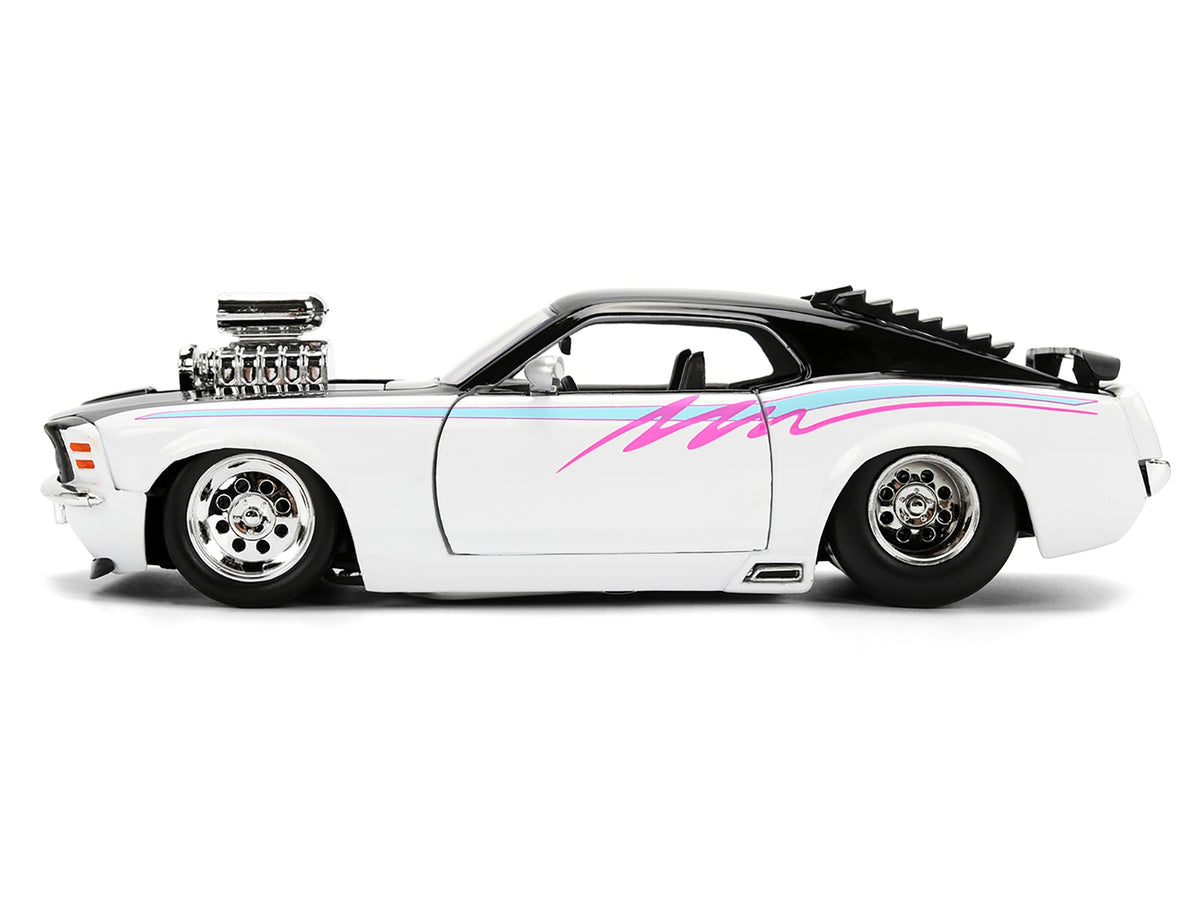 Black and white 1970 Ford Mustang Boss 429 diecast model car with graphics, part of the Bigtime Muscle series by Jada, WB brand.